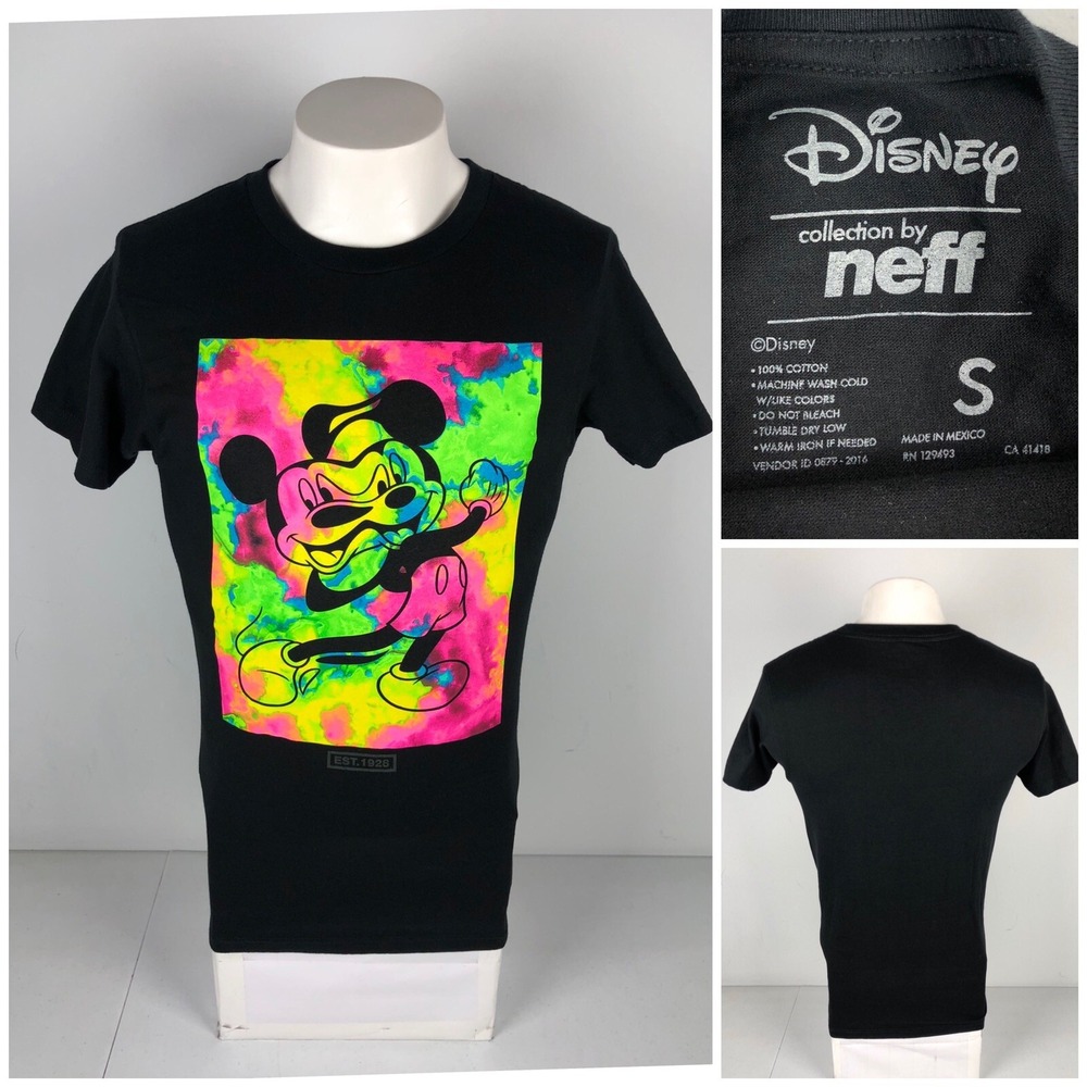 Disney Neff Mens Small Shirt Black Mickey Multicolor 100% Cotton Rare HTF EUC